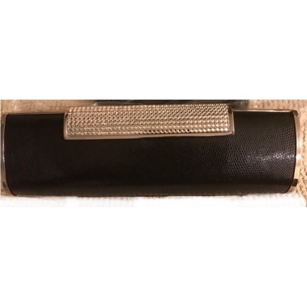 Black Cocktail clutch 3” high x 7” long with rhinestone clasp